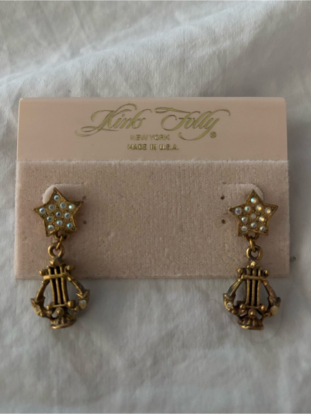 1980’s Vintage Kirk’s Folly Harp gold dangle w/crystals pierced earrings